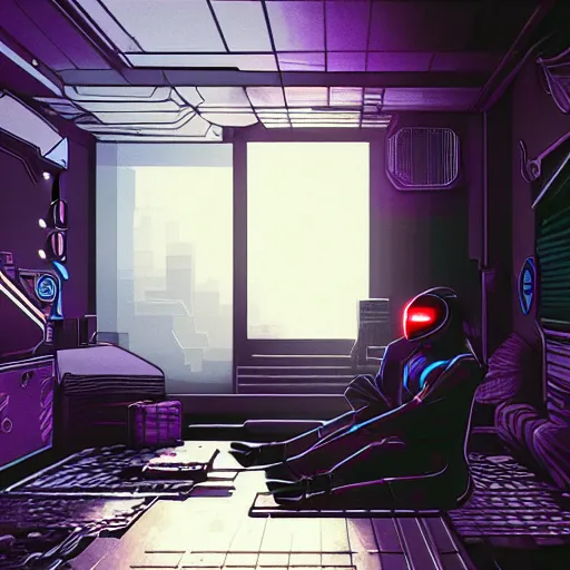 Image similar to a guy sitting on a bed in a room, cyberpunk art by Victor Mosquera, behance contest winner, panfuturism, darksynth, synthwave, retrowave