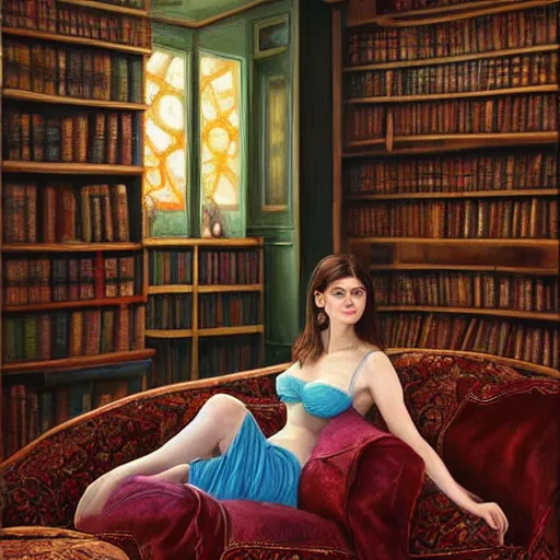 Prompt: a painting of Alexandra Daddario wearing wizard robes and sitting on a sofa in a comfortable cozy library, ultrawide lens, 4k oil on linen, vivid colors, colorful, photorealistic, high dynamic range, HDR, intricate, elegant, highly detailed, digital painting, artstation, concept art, smooth, sharp focus, illustration, art by artgerm and greg rutkowski and alphonse mucha and andrei riabovitchev, nuri iyem, james gurney, james jean, greg rutkowski