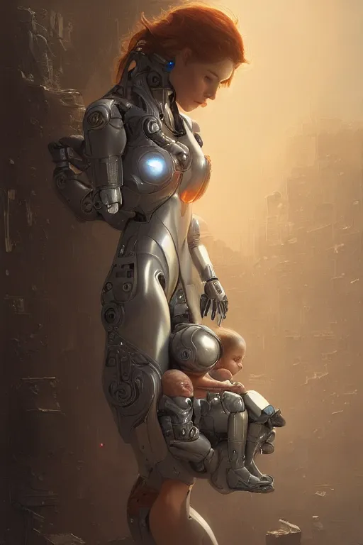 Image similar to Ultra realistic illustration, robot woman carrying a baby, cyberpunk, sci-fi, fantasy, intricate, elegant, highly detailed, digital painting, artstation, concept art, smooth, sharp focus, illustration, art by artgerm and greg rutkowski and alphonse mucha
