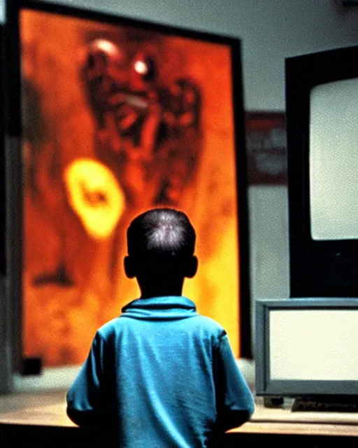 Image similar to 8k professional photo of an 8 years old enlightened and scared boy standing in front of an old computer from 90s with a game doom2 at the monitor screen. painting by Adrian Ghenie and Willem de Kooning , still from a movie by Gaspar Noe and James Cameron