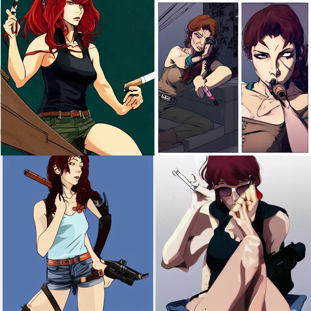 Prompt: in the style of Joshua Middleton, Revy from Black Lagoon, smoking a cigarette, Jean shorts boots and white tank top