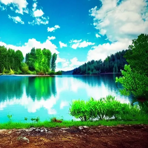 Image similar to wallpaper, beautiful scenery, painting, blue and green, dreamy sky, near a lake