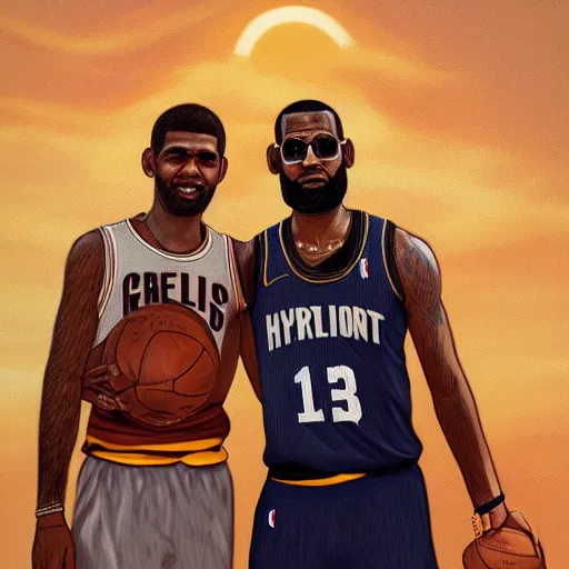 Image similar to beautiful serene intricate portrait of kyrie irving and lebron james taking a selfie, smiling softly, relaxing on the beach, golden hour, soft focus, 8 k, art by irakli nadar, hyperrealism, hyperdetailed, ultra realistic