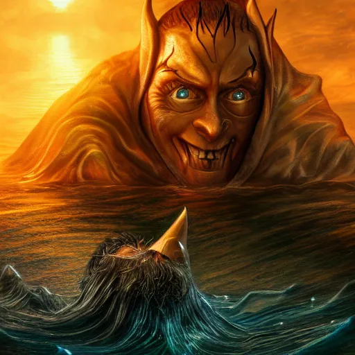 Prompt: lord sauron drowning while frodo is laughing, digital art, trending on art station, high quality, uhd 8 k, beautiful, golden hour, intricate detail, high gradient, raytracing