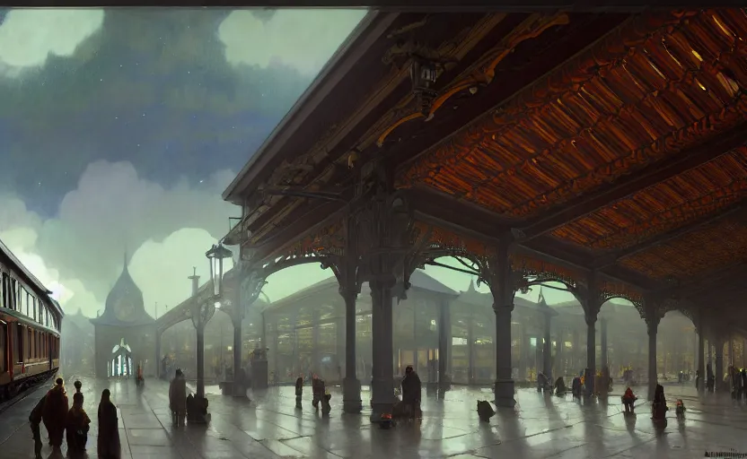 Image similar to painting of a wide angle exterior shot of a victorian utopian train station with cinematic lighting by peter zumthor and renzo piano, darek zabrocki and greg ruthkowski, alphonse mucha, simon stalenhag and cinematic and blue cold atmospheric, holy place, atmospheric, archillect concept art, artstation, trending on artstation