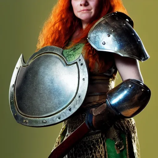 Image similar to dwarven woman, ginger hair, green eyes, holding hammer and shield with plate armour