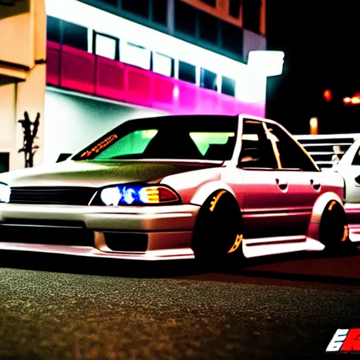 Image similar to a car JZX100 turbo drift at illegal car meet, shibuya prefecture, midnight mist streetlights, color grade, photorealistic, highly detailed wheels, highly detailed