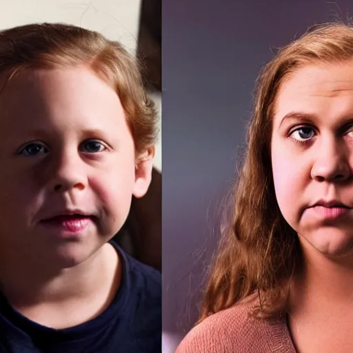 Image similar to photo realistic picture of kid with half face of steve buscemi and other half of amy schumer