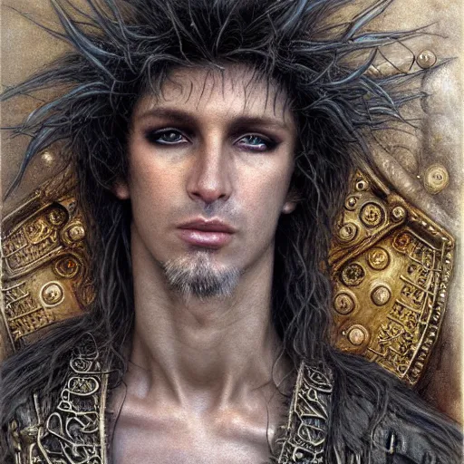 Prompt: an award finning closeup facial portrait by luis royo and john howe of a bohemian male cyberpunk traveller clothed in excessively fashionable 8 0 s haute couture fashion and wearing ornate art nouveau body paint