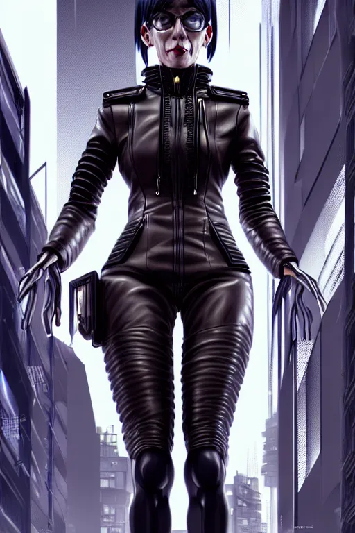 Image similar to hyperdetailed very close portrait of a european fourty years old woman with grey eyes in a leather suit with a pin in a cyberpunk city inspired by ross tran and wlop and masamune shirow and kuvshinov, concept art, intricate, photorealistic, octane render, rtx, hdr, unreal engine, dnd digital art by artgerm