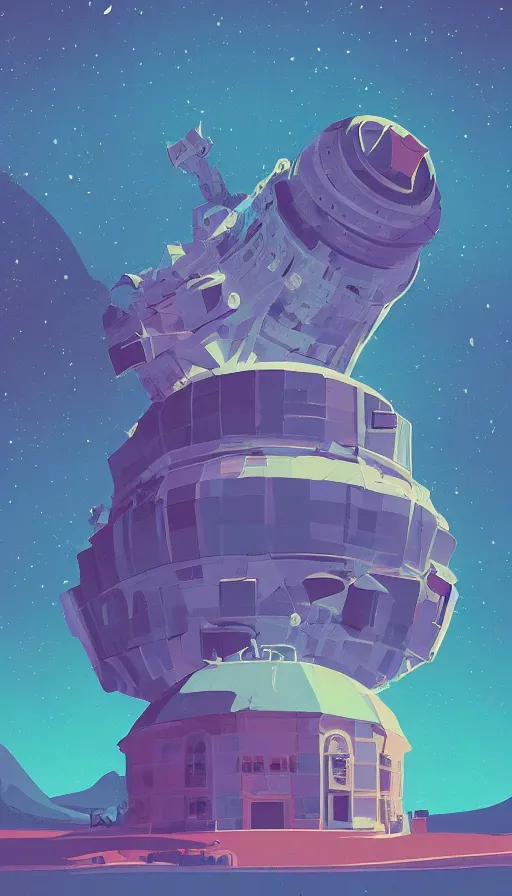 Image similar to epic magical observatory, large telescope, sharp focus, james gilleard, print, risograph, cinematic, game art