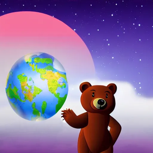 Image similar to cartoon animated illustration of a bear mascot being launched from a futuristic marble planet, purple and orange cloudland