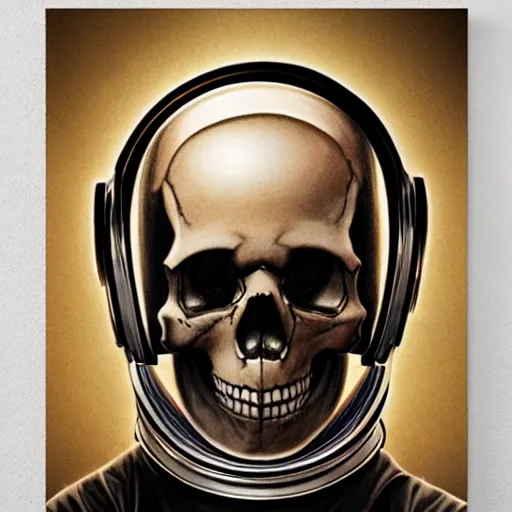 Prompt: skull in astronaut helmet detailed, epic masterpiece of cinematographic hyperrealism, realistic shaded lighting poster by craig mallismo, artgerm, jeremy