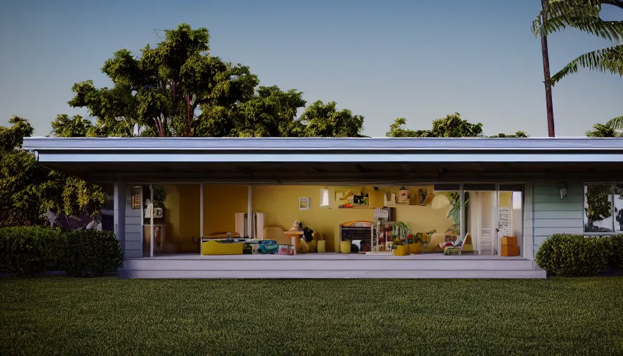 Prompt: EICHLER home, 1950s, by Asher Durand. solar power, intricate artwork, octane render, cinematic, hyper realism, golden hour, octane render, 8k, porsche 911, depth of field, bokeh. iridescent accents, vibrant.-H 704