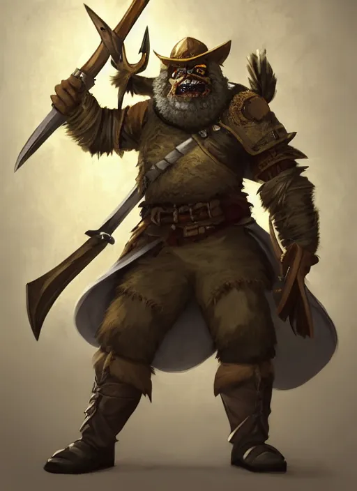 Image similar to strong young man, photorealistic bugbear ranger holding aflaming sword, black beard, dungeons and dragons, pathfinder, roleplaying game art, hunters gear, jeweled ornate leather and steel armour, concept art, character design on white background, by studio ghibli, makoto shinkai, kim jung giu, poster art, game art