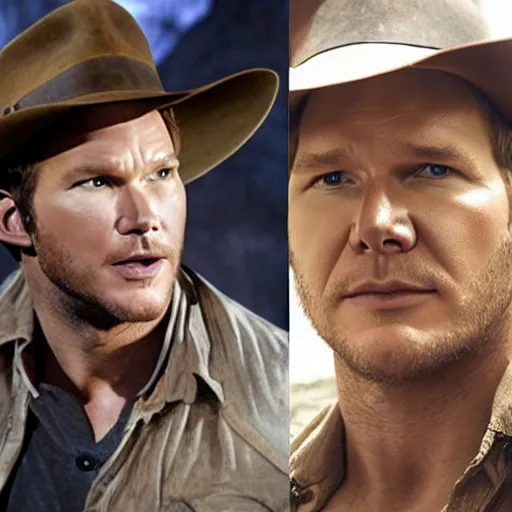 Image similar to chris pratt as indiana jones, selfie with older harrison ford, high detailed, symmetrical