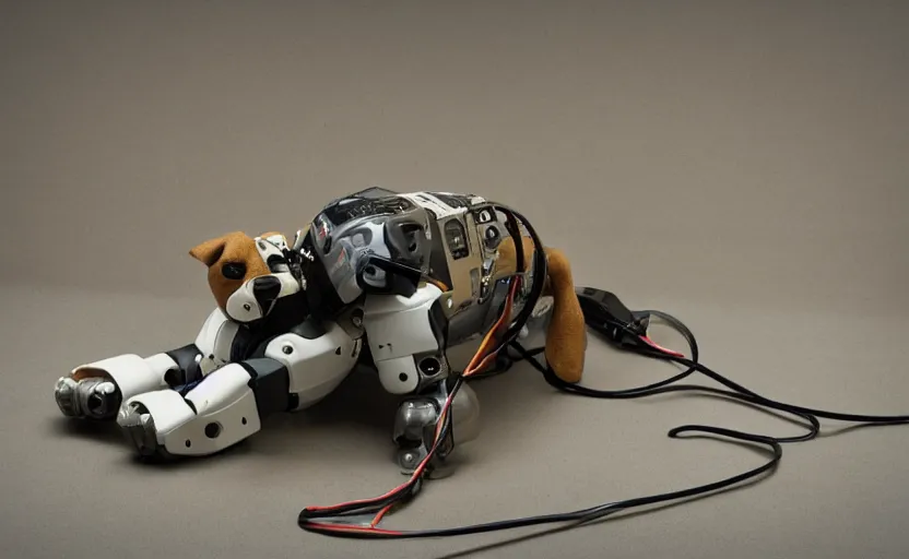 Prompt: wounded laying dog robot, sad eyes, photography, wires, circuit, electricity, realistic