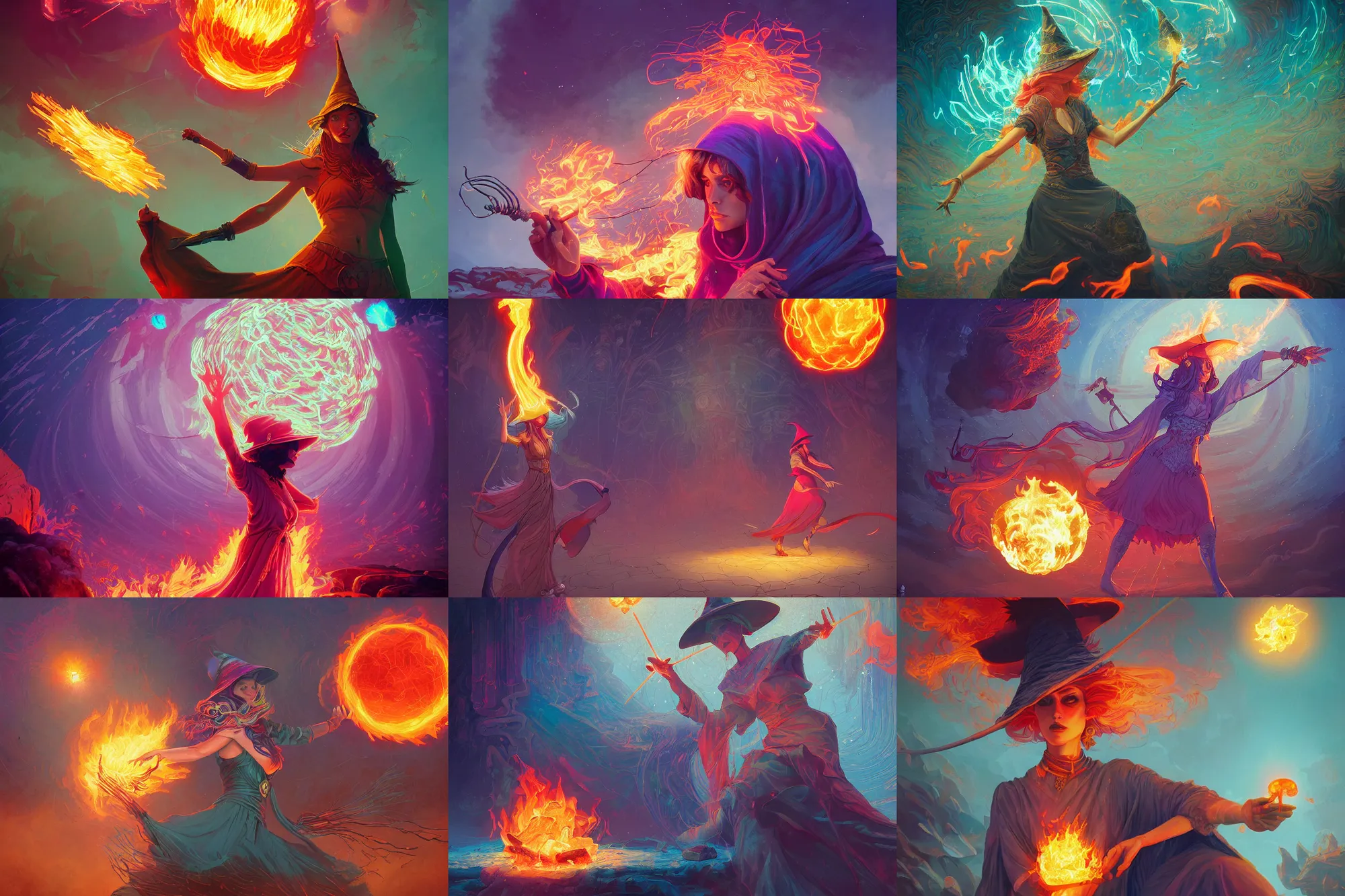 Prompt: A sorceress with a witch hat casting a fire ball, beautiful painting, digital art, overdetailed art, concept art, detailed illustration, hd, 4k, digital art, highly saturated colors, Dan Mumford, Greg rutkowski, Victo Ngai