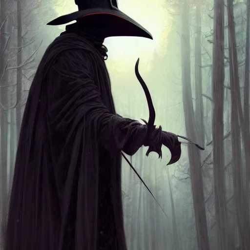 Prompt: a plague doctor hunting with a bow, with antlers on his head, deep focus, intricate, elegant, highly detailed, digital painting, artstation, concept art, matte, sharp focus, illustration, art by artgerm and greg rutkowski and alphonse mucha