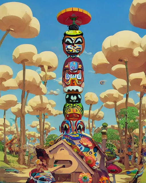 Image similar to a painting of a tribal tiki hut with a totem pole by its side, a surrealist painting by Takashi Murakami and by Naoto Hattori, Edward Hopper and James Gilleard, Zdzislaw Beksinsk, by Jesper Ejsing, by RHADS, Makoto Shinkai and Lois van baarle, trending on deviantart, pop surrealism, lowbrow, grotesque, whimsical