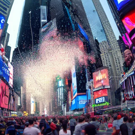 Image similar to an epic highres gopro shot of spaghetti raining down on times square