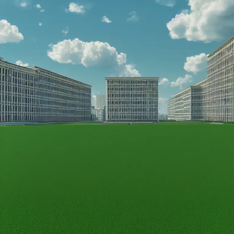 Image similar to One-point perspective in the center. Two infinitely long soviet five-story panel buildings. A perfect green lawn in the center of the frame. High detail, details, ultra realistic render, octane, 3D, photorealism, symmetric, cloudless-crear-sky, cinematic