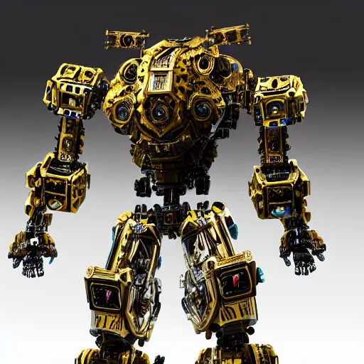 Image similar to a intricate ornate boxing humanoid mecha, punk, by war robots, real steel ( 2 0 1 1 ), westworld and pacific rim movie and ps 5 game machine warrior 5, cryengine, frostbite 3 engine, blue and yellow scheme, sharp focus, 8 k, high definition, insanely detailed, soft lighting, smooth face