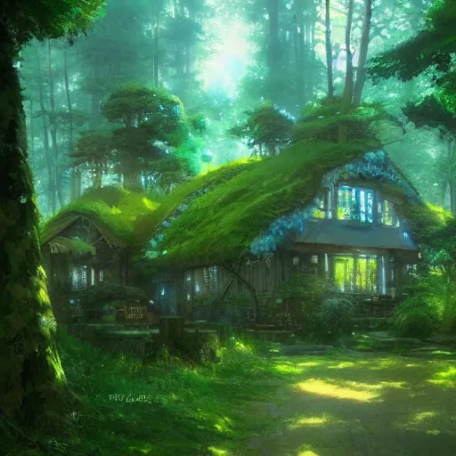 Prompt: A studio ghibli forest, a little cottage with solarpanels, solarpunk, green, blue sky, by Greg Rutkowski