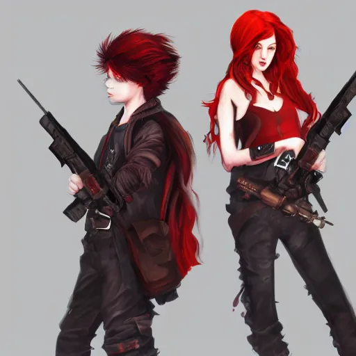 Prompt: a concept art of a boy and a girl with red hair holding a gun, gothic clothes, highly detailed, digital painting, artstation, concept art, smooth, sharp focus, illustration