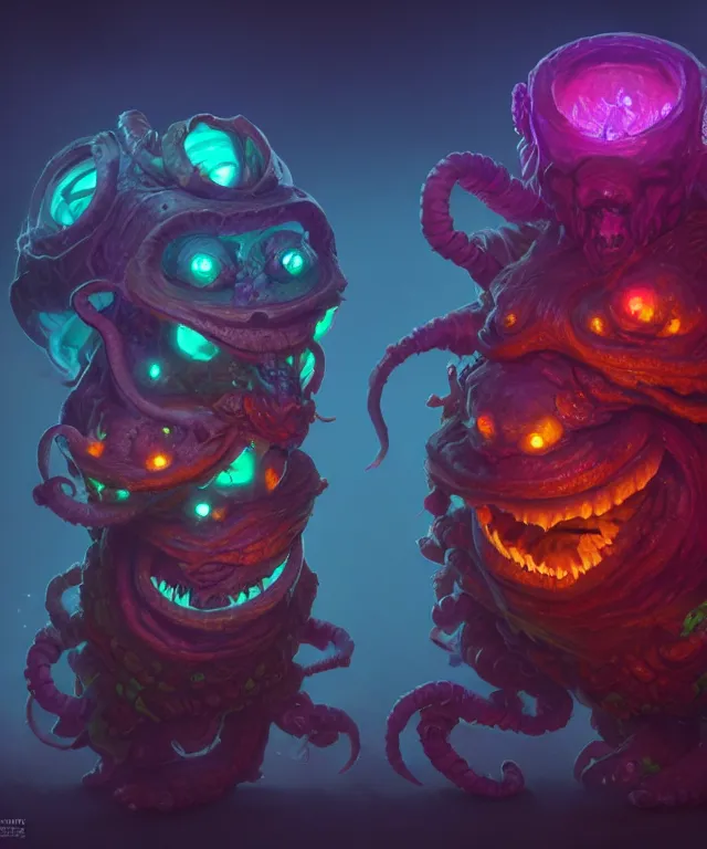 Prompt: a two headed xanathar made of bioluminescence in the art style of robbie trovino, crisp 8 k line art, digital painting, artstation, unreal engine, octane render, emissive lighting, sharp focus, hyper realistic lighting, illustration, surrealism