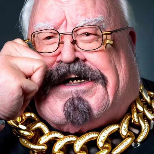 Prompt: dslr portrait photo still of!!! wilfred brimley!!! as a gangsta rapper with gold chains and gold teeth grills growling at camera!!! holding up his hand to show off his large ornate rings!!!, 8 k, 8 5 mm f 1. 8