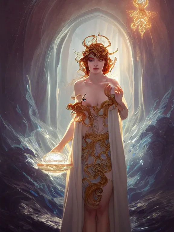 Image similar to summoner wearing robes with a cute water elemental, fantasy, intricate, elegant, highly detailed, digital painting, artstation, concept art, wallpaper, smooth, sharp focus, illustration, art by artgerm and greg rutkowski and alphonse mucha