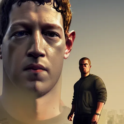 Image similar to imposing, ominous portrait of cyborg Mark Zuckerberg as a grand theft auto 5 loading screen, symmetry, front view, intricate, studio, art by anthony macbain + greg rutkowski + alphonse mucha, concept art, 4k, sharp focus