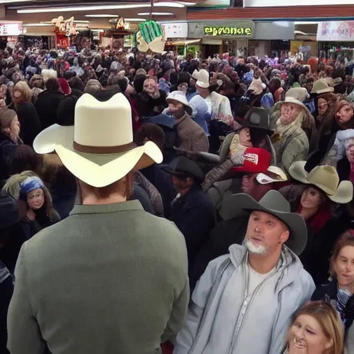 Image similar to local news roadside interview, an 8 foot tall prairie dog human cryptid creature wearing a white cowboy hat standing in the middle of a huge crowd inside a black friday sale in a busy store