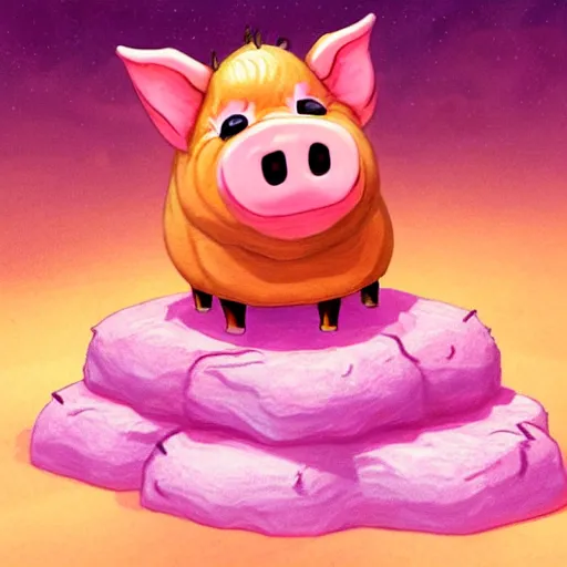 Prompt: comic art of a cute far pig sitting on pile of pink salt, drawn by Alan Moore, vivid color, cgsociety 4K