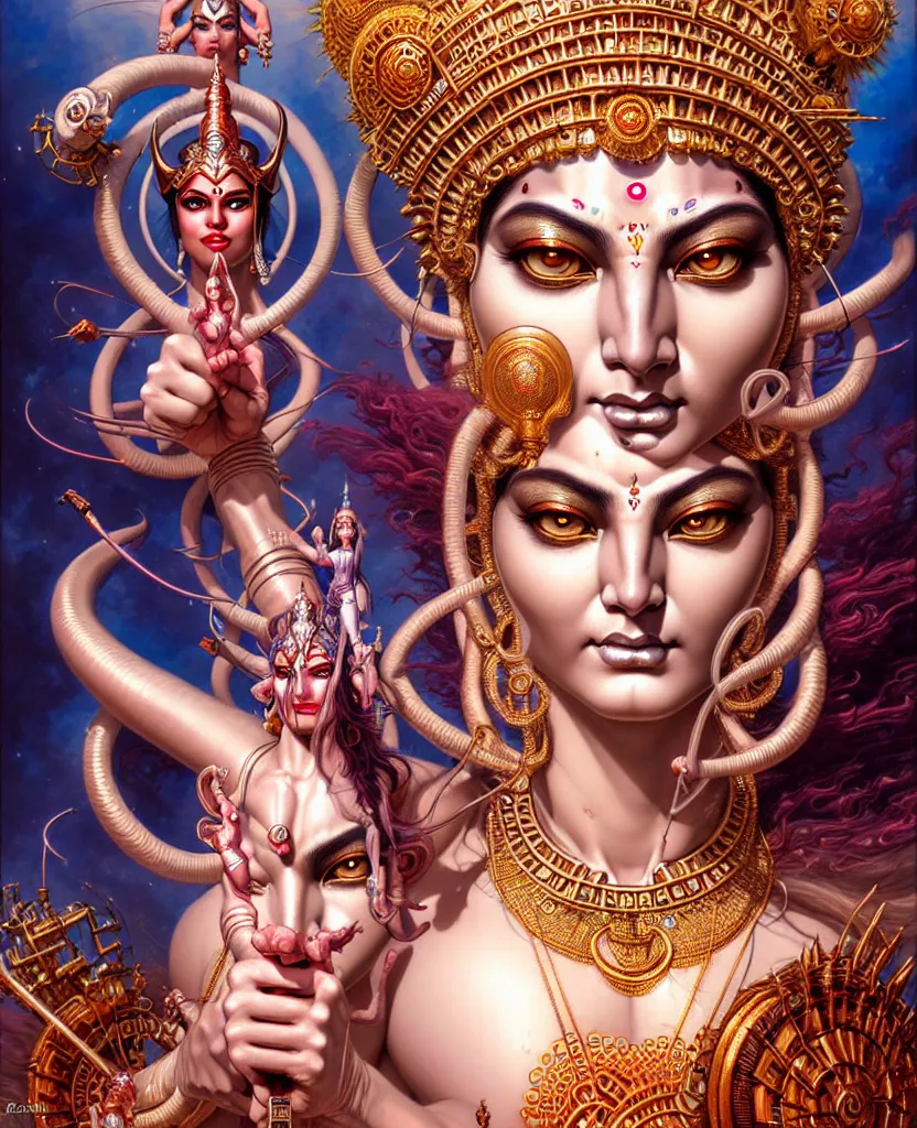 Image similar to beautiful goddess durga fantasy character portrait, close - up, headshot, ultra realistic, wide angle, intricate details, the fifth element artifacts, highly detailed by peter mohrbacher, hajime sorayama, wayne barlowe, boris vallejo, aaron horkey, gaston bussiere, craig mullins