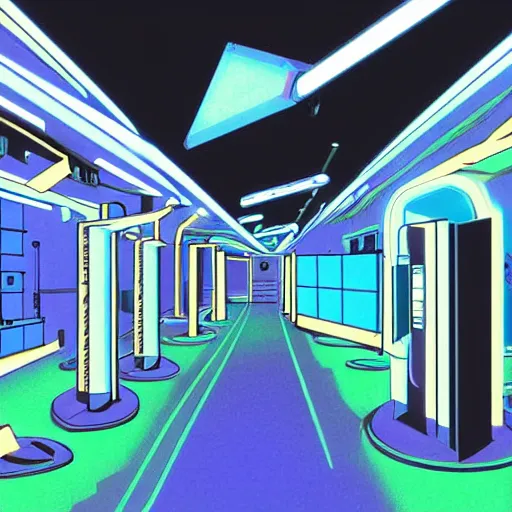 Prompt: low light museum, sparse room, black walls, dark lighting, blue oled lights in corners, soft neon lights, dark showroom, cel - shading, 2 0 0 1 anime, flcl, jet set radio future, the world ends with you, kid a, cel - shaded, strong shadows, vivid hues, y 2 k aesthetic, art by artgerm