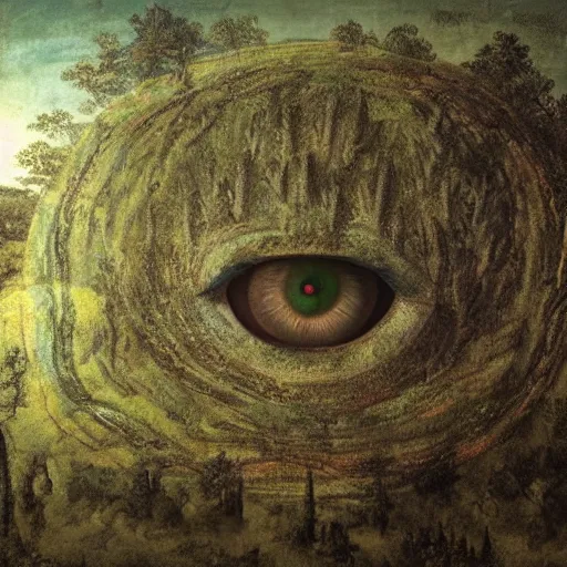 Prompt: a large creature sitting on the floor with eyes wide open a field that looks like a forest by michelangelo