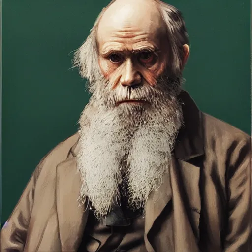 Image similar to portrait of charles darwin with human species from the future, hanafuda oil on canvas by ivan shishkin, james jean and yoji shinkawa