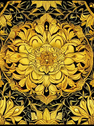 Prompt: golden lotus flowers on dark background, ornamental, symmetry, color harmony, golden ratio, william morris, hokusai, trending on artstation, character design, detailed, intricate, hypermaximalist, elegant, ornate, luxury, elite, atmospheric, matte painting, wide shot, two heads