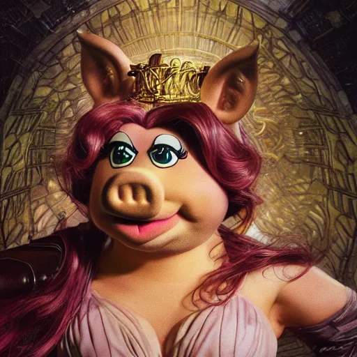 Prompt: Epic Masterpiece action shot of Miss Piggy as Trinity in The Matrix (1999) , drawn by Donato Giancola and Tom Bagshaw, Edmund Leighton, Alphonse Mucha, 4k, volumetric lighting, komorebi, trending on artstation, octane render, hyperrealistic