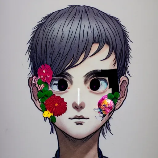 Prompt: prompt: Fragile portrait of singular persona covered with random flowers illustrated by Katsuhiro Otomo, inspired by Ghost in Shell and 1990 anime, smaller cable and cyborg parts as attributes, eyepatches, illustrative style, intricate oil painting detail, manga and anime 1990