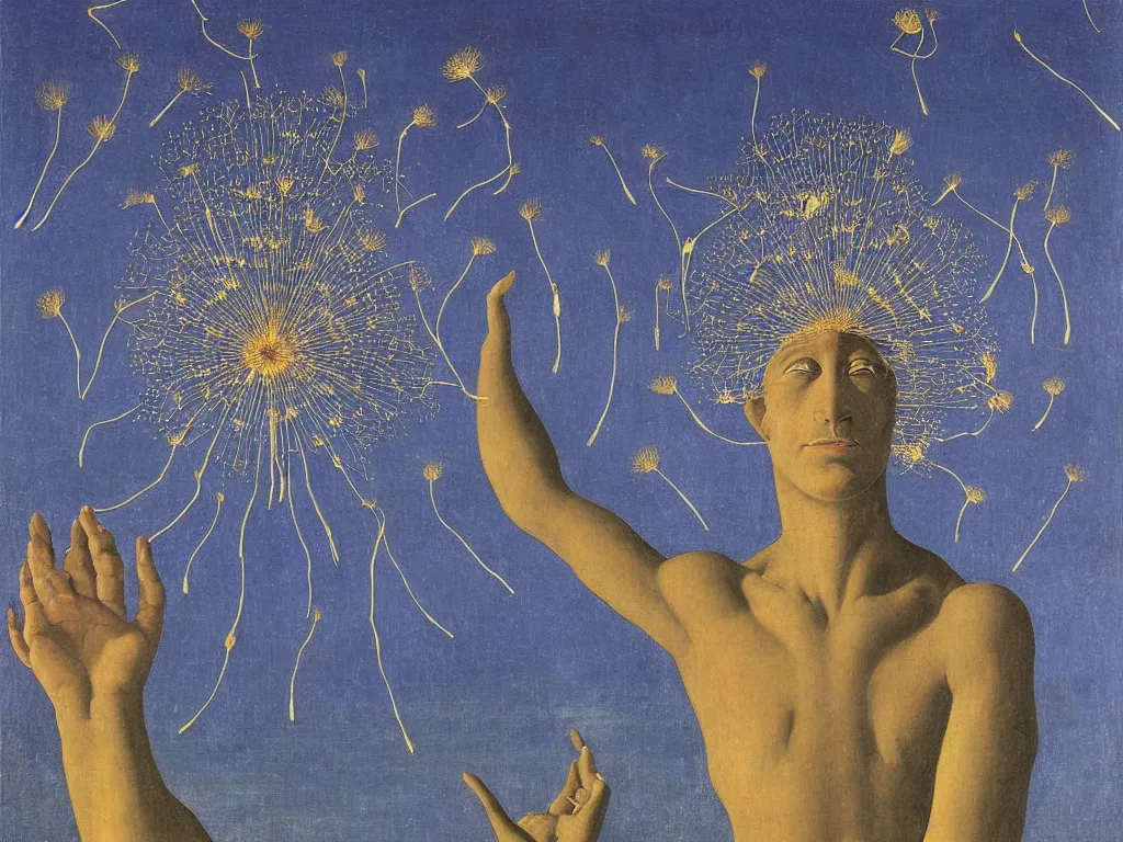 Prompt: African god mask fountainhead with glowing Dandelion seed storm. Painting by Rene Magritte, Piero della Francesca, Jean Delville, Max Ernst, Maria Sybilla Merian