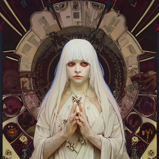 Prompt: portrait of small, rubbery, huge-eyed, big-lipped albino mutant priestess with elaborate white hair by Alphonse Mucha, Greg Rutkowski, Anato Finnstark, and Studio Ghibli