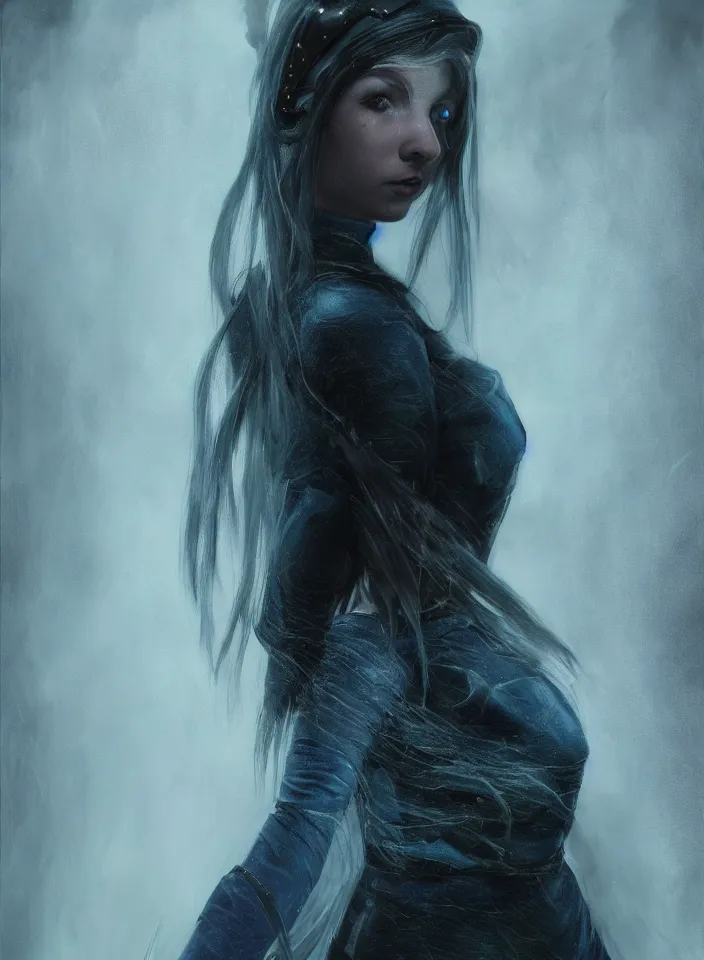 Prompt: a half portrait of a young sorceress wearing an azure leather dress from skyrim, platinum hair, fantasy setting, beautiful face, dark colors, scary lighting, atmospheric, cinematic, moody, in the style of diego koi, gina heyer, luiz escanuela, art by alyssa monk, hyperrealism, rule of thirds, golden ratio, oil on canvas, 8 k