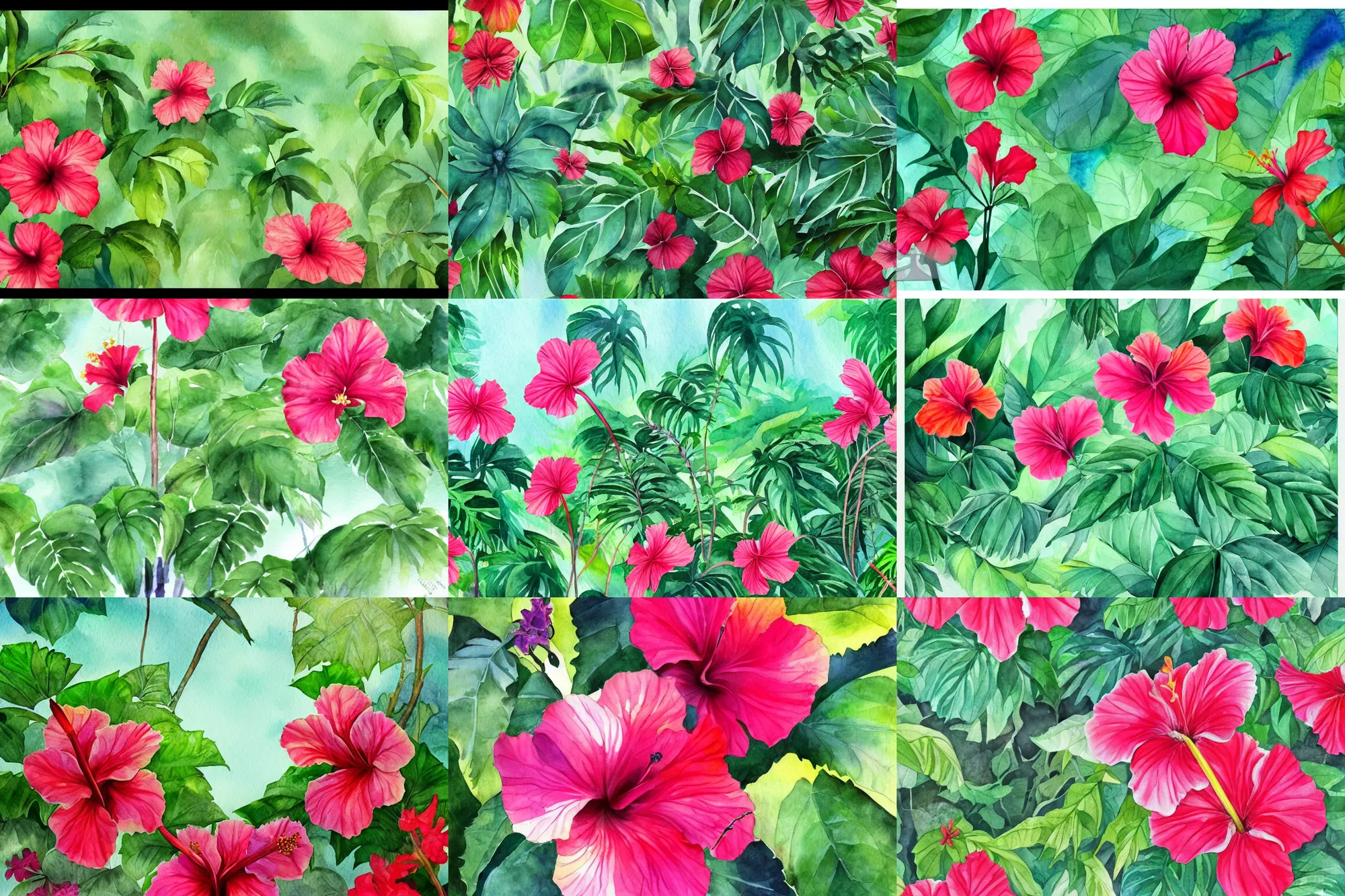 Prompt: hibiscus forest, high quality watercolors, award winning, trending on artstation