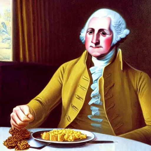 Image similar to George washington eating a bowl of honeycomb and giving a thumbs up with a big cheesy grin in a modern dining room