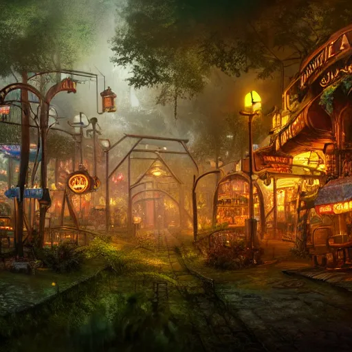 Prompt: a steampunk village in a forest in a hurricane, trees, greenery, low visibility, junk flying everywhere, neon lights, neon signs, magical atmosphere, mist, steam, photo realistic, wideangle, matte painting, octane render, 8 k, corona render, movie concept art by guido borelli da caluso octane render, trending on artstation - w 1 5 3 6