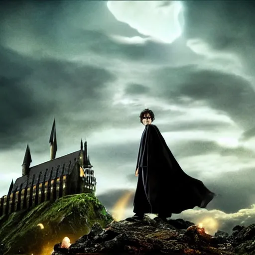 Image similar to Harry potter standing and holding a short wand, magic aura, side view, thunderclouds, cinematic shot, wide shot, epic scale, waving robe movement, photorealistic detail and quality, intricate ground stone, magical sigils, floating particle effects, movie still, nighttime, crescent moon, sharp and clear, action shot, intense scene, visually coherent, symmetry, rule of thirds, movement, photorealistic colors, cool colors transitioning to warm colors, modest tone, award winning, directed by Steven Spielberg, Christopher Nolan, Tooth Wu, Asher Duran, artstation