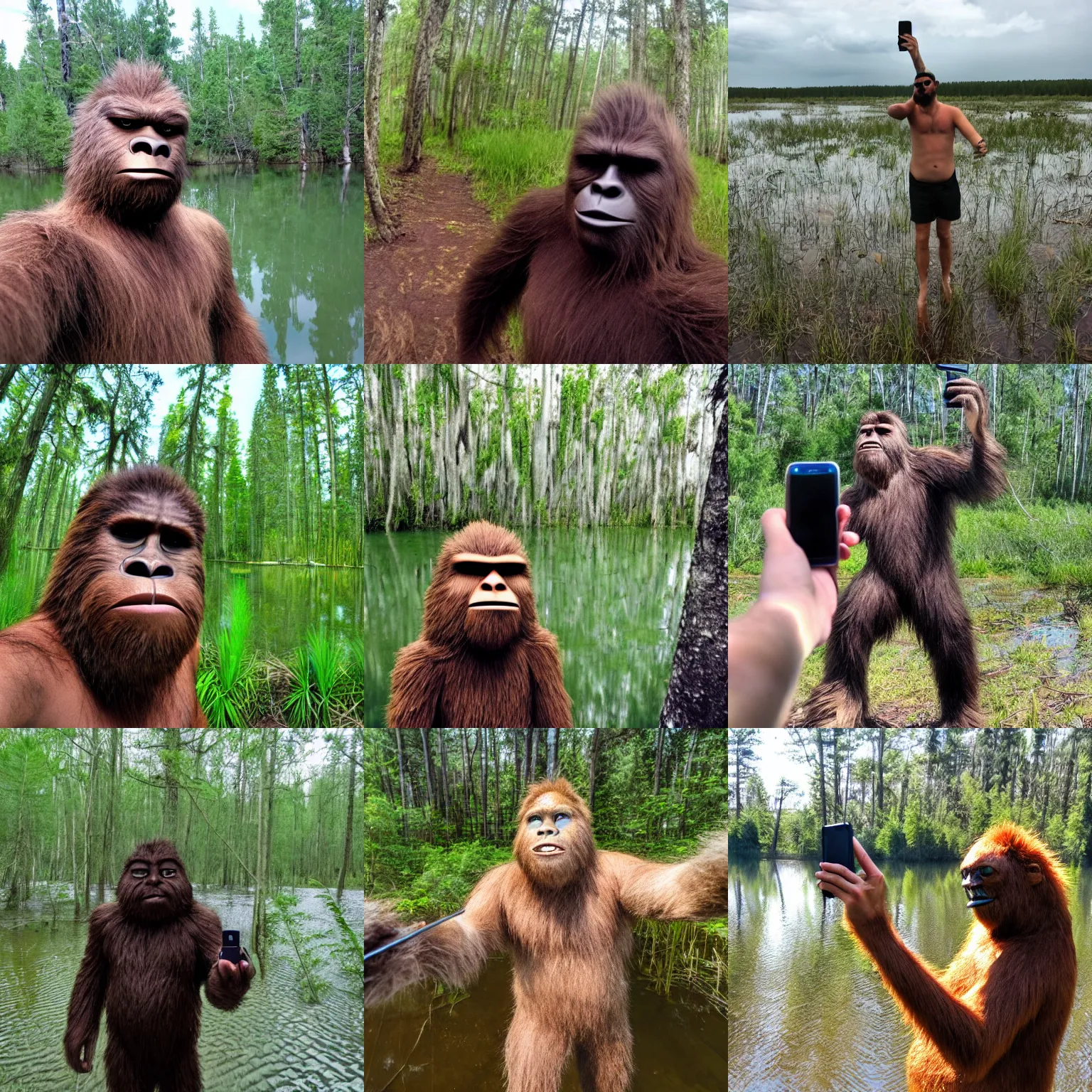 Prompt: sasquatch taking a selfie at the swamp